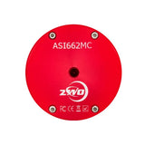 Back of the ZWO 662MC camera with model label, ZWO logo and 1/4in tripod screw hole